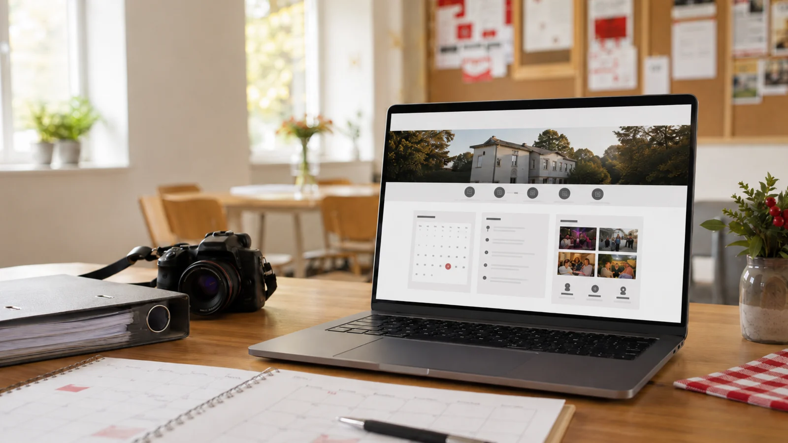 Moderner Vereinsraum mit Laptop und übersichtlicher Vereinswebsite