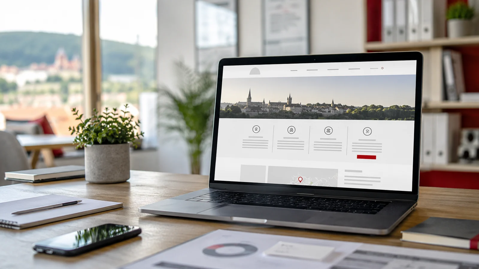 Moderner Arbeitsplatz eines kleinen Unternehmens mit professioneller Website auf dem Laptop
