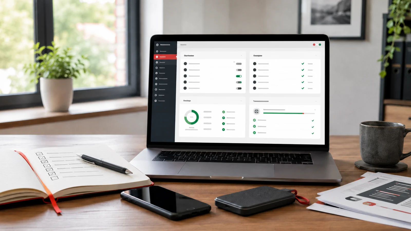 Professioneller Arbeitsplatz mit WordPress-Wartung und Updateverwaltung auf dem Laptop