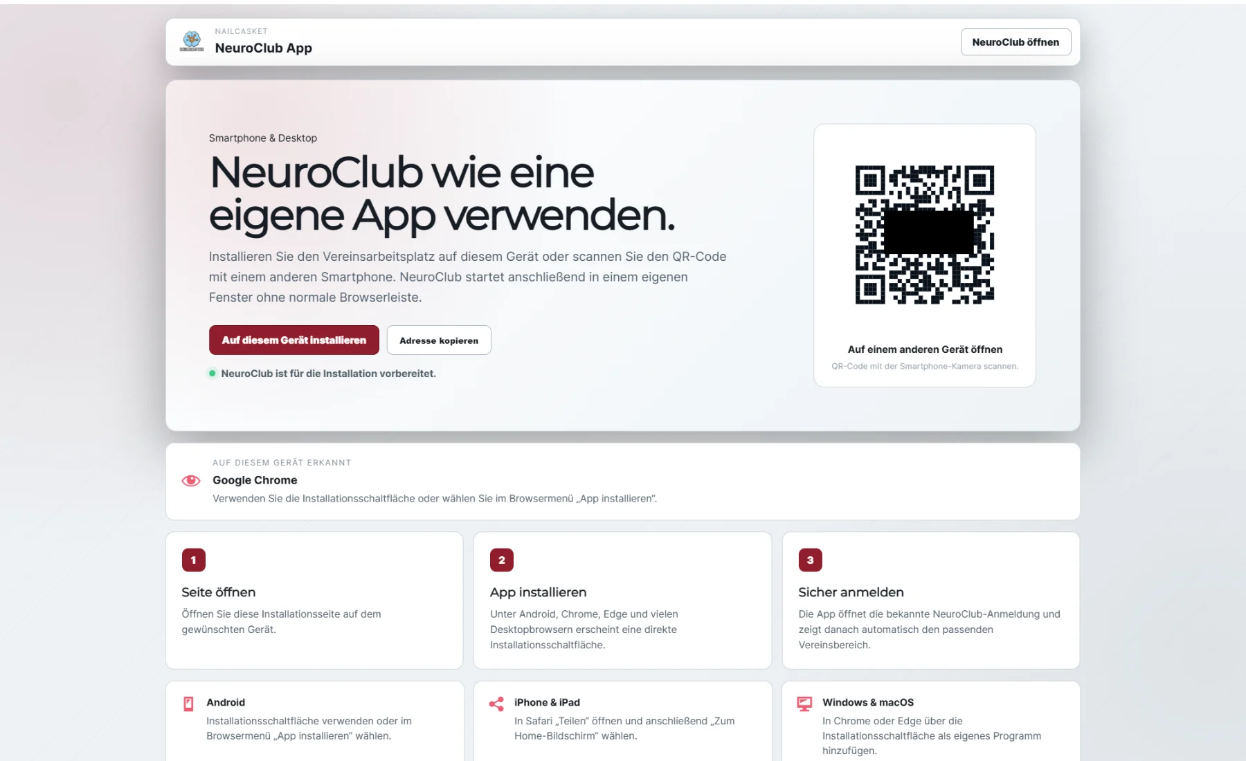 NeuroClub App-Hinweis für die mobile Nutzung