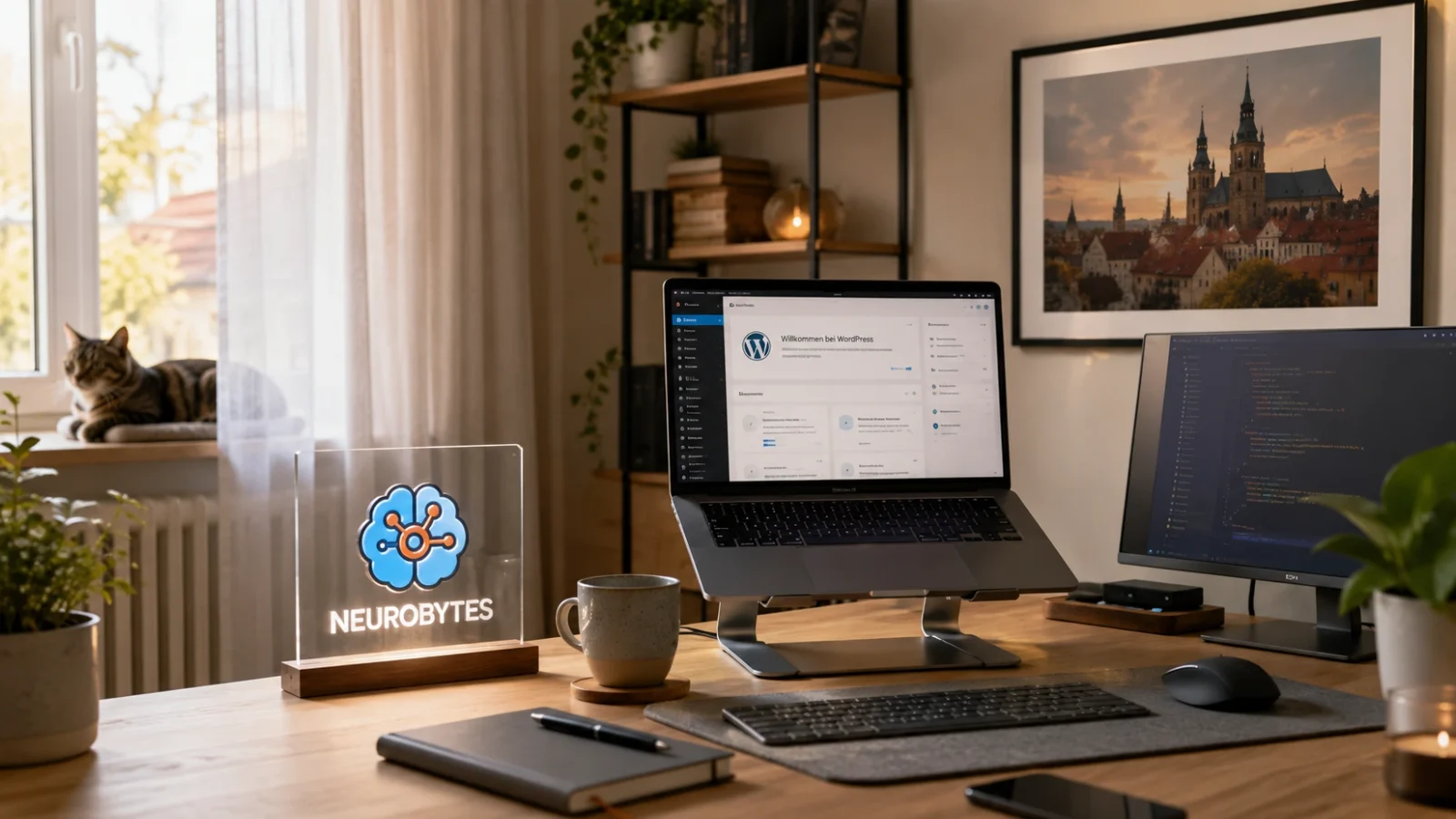 Moderner Neurobytes Arbeitsplatz mit Laptop, WordPress-Oberfläche, Logo-Element und wohnlicher Büroatmosphäre