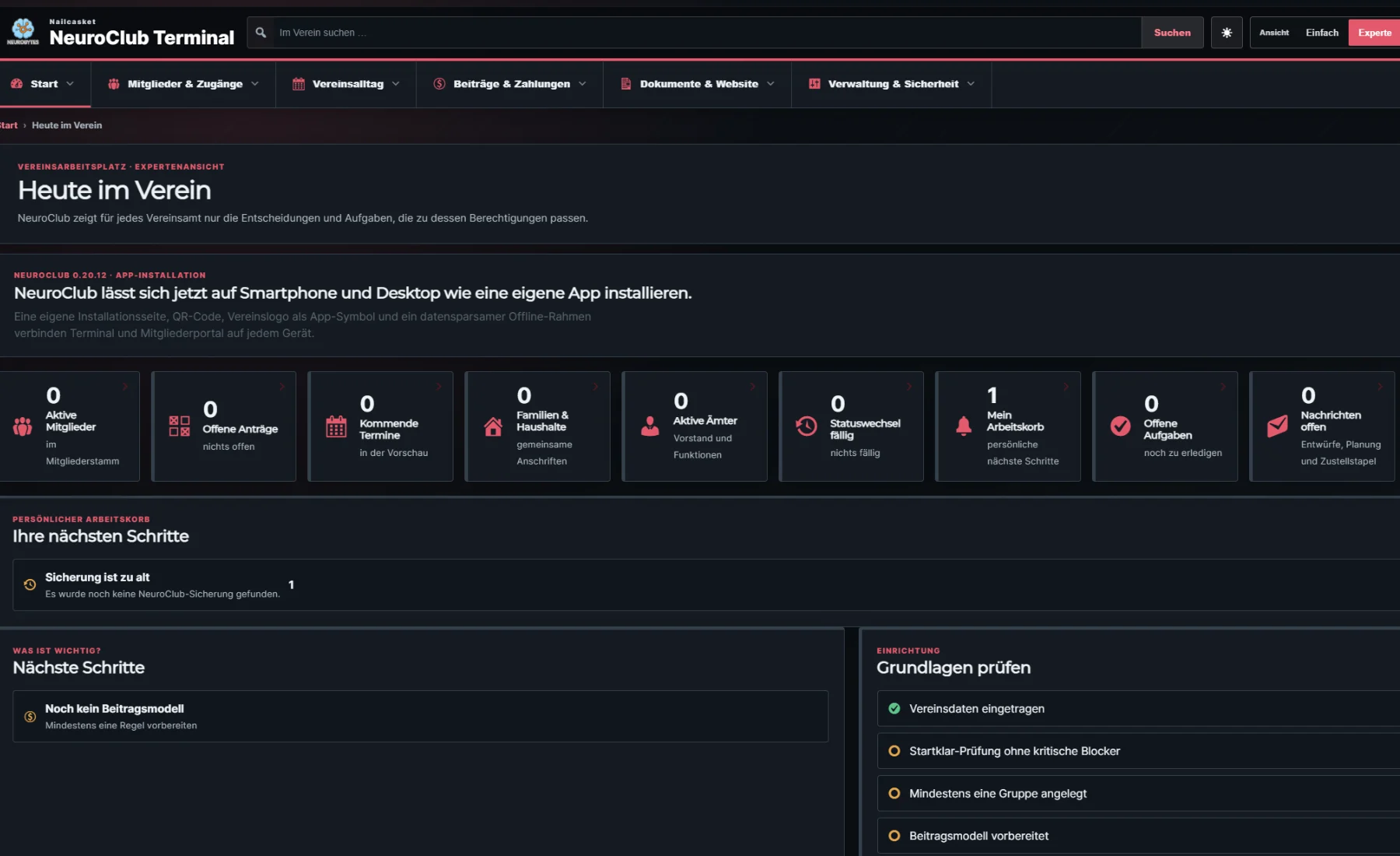 NeuroClub Terminal und Vereinsübersicht im Dark Mode