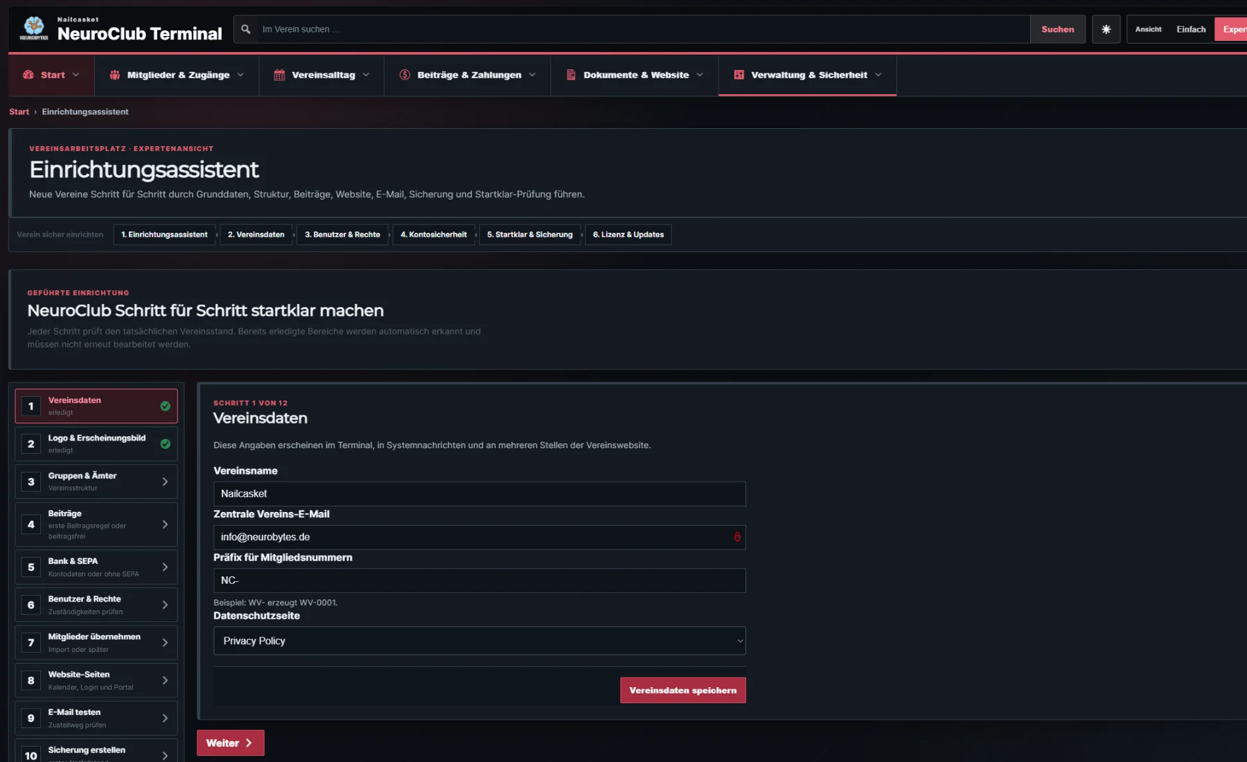 NeuroClub Einrichtungsassistent im Dark Mode
